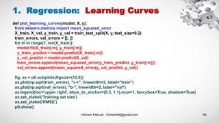 Hichem Felouat - hichemfel@gmail.com 56
1. Regression: Learning Curves
def plot_learning_curves(model, X, y):
from sklearn.metrics import mean_squared_error
X_train, X_val, y_train, y_val = train_test_split(X, y, test_size=0.2)
train_errors, val_errors = [], []
for m in range(1, len(X_train)):
model.fit(X_train[:m], y_train[:m])
y_train_predict = model.predict(X_train[:m])
y_val_predict = model.predict(X_val)
train_errors.append(mean_squared_error(y_train_predict, y_train[:m]))
val_errors.append(mean_squared_error(y_val_predict, y_val))
fig, ax = plt.subplots(figsize=(12,8))
ax.plot(np.sqrt(train_errors), "r-+", linewidth=2, label="train")
ax.plot(np.sqrt(val_errors), "b-", linewidth=3, label="val")
ax.legend(loc='upper right', bbox_to_anchor=(0.5, 1.1),ncol=1, fancybox=True, shadow=True)
ax.set_xlabel('Training set size')
ax.set_ylabel('RMSE')
plt.show()
 