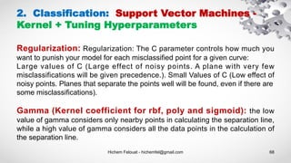 Hichem Felouat - hichemfel@gmail.com 68
2. Classification: Support Vector Machines -
Kernel + Tuning Hyperparameters
Regularization: Regularization: The C parameter controls how much you
want to punish your model for each misclassified point for a given curve:
Large values of C (Large effect of noisy points. A plane with very few
misclassifications will be given precedence.). Small Values of C (Low effect of
noisy points. Planes that separate the points well will be found, even if there are
some misclassifications).
Gamma (Kernel coefficient for rbf, poly and sigmoid): the low
value of gamma considers only nearby points in calculating the separation line,
while a high value of gamma considers all the data points in the calculation of
the separation line.
 