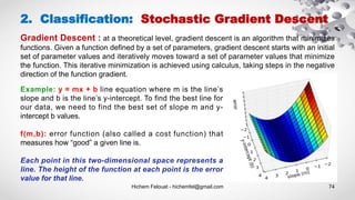 Hichem Felouat - hichemfel@gmail.com 74
2. Classification: Stochastic Gradient Descent
Gradient Descent : at a theoretical level, gradient descent is an algorithm that minimizes
functions. Given a function defined by a set of parameters, gradient descent starts with an initial
set of parameter values and iteratively moves toward a set of parameter values that minimize
the function. This iterative minimization is achieved using calculus, taking steps in the negative
direction of the function gradient.
Example: y = mx + b line equation where m is the line’s
slope and b is the line’s y-intercept. To find the best line for
our data, we need to find the best set of slope m and y-
intercept b values.
f(m,b): error function (also called a cost function) that
measures how “good” a given line is.
Each point in this two-dimensional space represents a
line. The height of the function at each point is the error
value for that line.
 