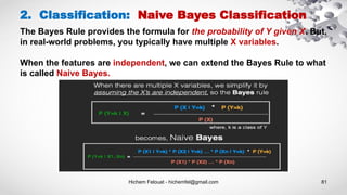 Hichem Felouat - hichemfel@gmail.com 81
2. Classification: Naive Bayes Classification
The Bayes Rule provides the formula for the probability of Y given X. But,
in real-world problems, you typically have multiple X variables.
When the features are independent, we can extend the Bayes Rule to what
is called Naive Bayes.
 