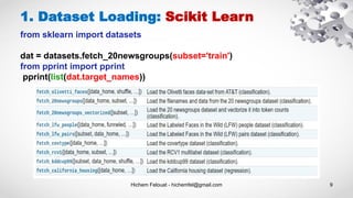 Hichem Felouat - hichemfel@gmail.com 9
1. Dataset Loading: Scikit Learn
from sklearn import datasets
dat = datasets.fetch_20newsgroups(subset='train')
from pprint import pprint
pprint(list(dat.target_names))
 