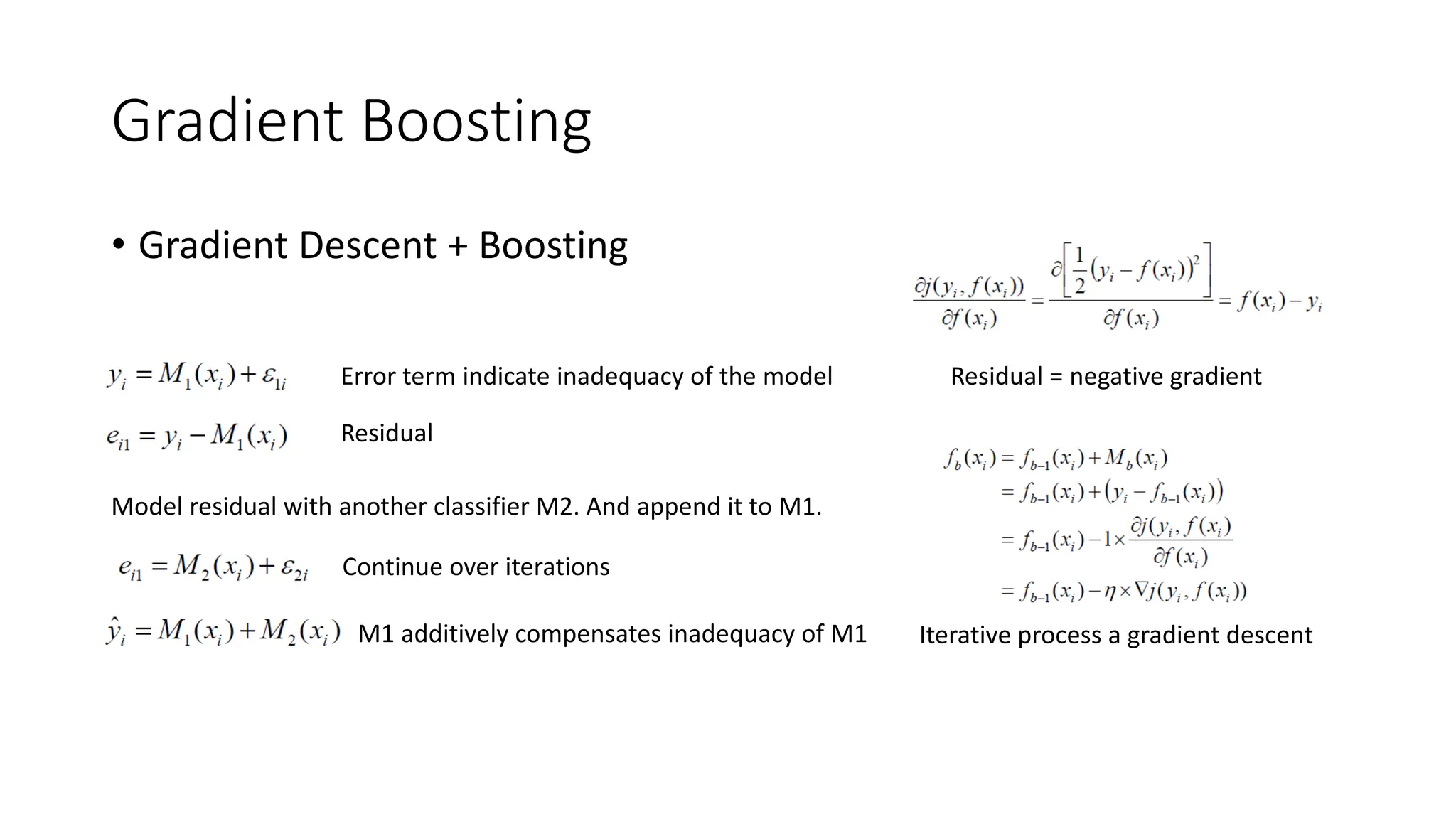 Gradient Boosting
• Gradient Descent + Boosting
Error term indicate inadequacy of the model
Residual
Model residual with another classifier M2. And append it to M1.
Continue over iterations
M1 additively compensates inadequacy of M1
Residual = negative gradient
Iterative process a gradient descent
 