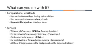 • Computational workloads
• Use applications without having to install them
• Run your applications anywhere; clouds
• Reproducible pipelines – today’s focus
• Services
• Web portals/gateways (R/Shiny, Apache, Jupyter…)
• Persistent workflow manager interfaces (Fireworks…)
• Continuous build systems (Gitlab…)
• For prototyping or for production running (databases etc)
• All those things you run in the background on the login nodes today!
What can you do with it?
 