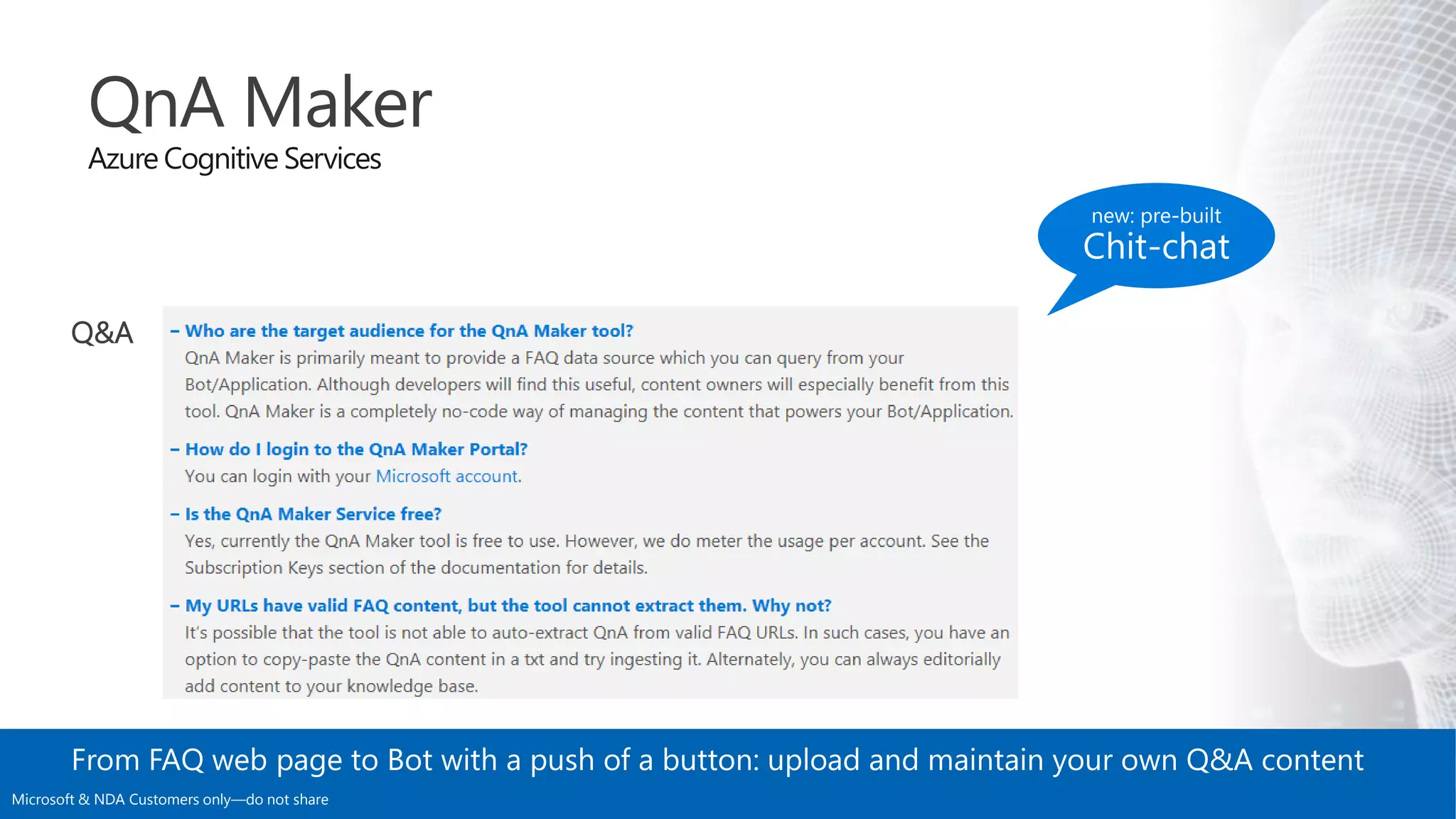 Q&A
QnA Maker
Azure Cognitive Services
Microsoft & NDA Customers only—do not share
 