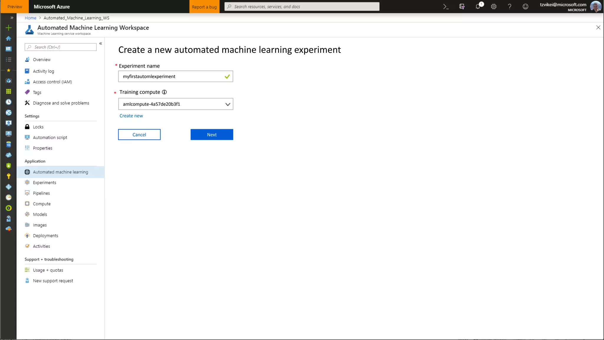 Create a new automated machine learning experiment
* Training compute 
amlcompute-4a57de20b3f1
Next
* Experiment name
myfirstautomlexperiment
Cancel
Create new
 