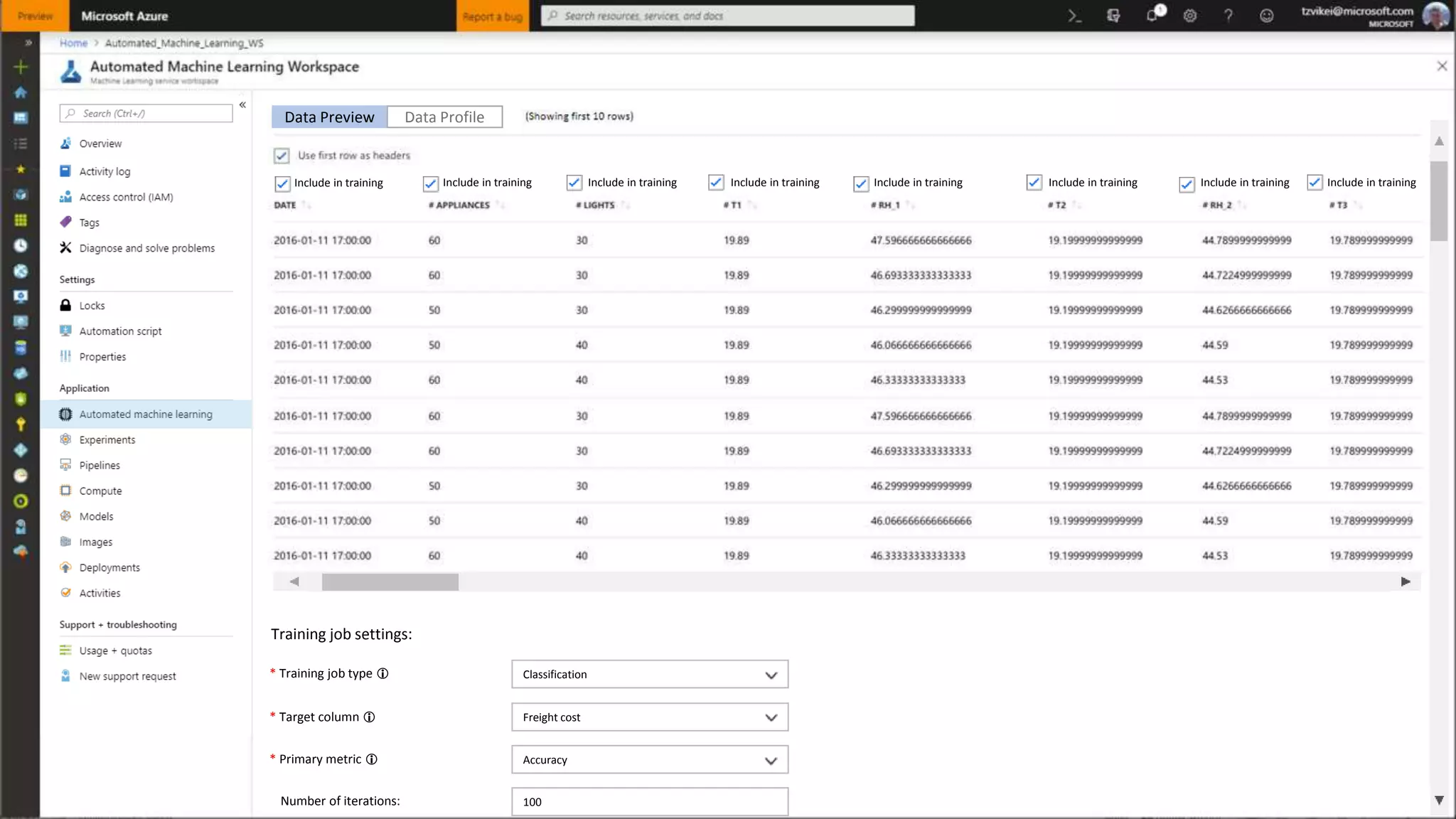 Include in training Include in training Include in training Include in training Include in training Include in training Include in training Include in training
Data Preview Data Profile
Training job settings:
* Training job type  Classification
* Target column  Freight cost
* Primary metric  Accuracy
Number of iterations: 100
 