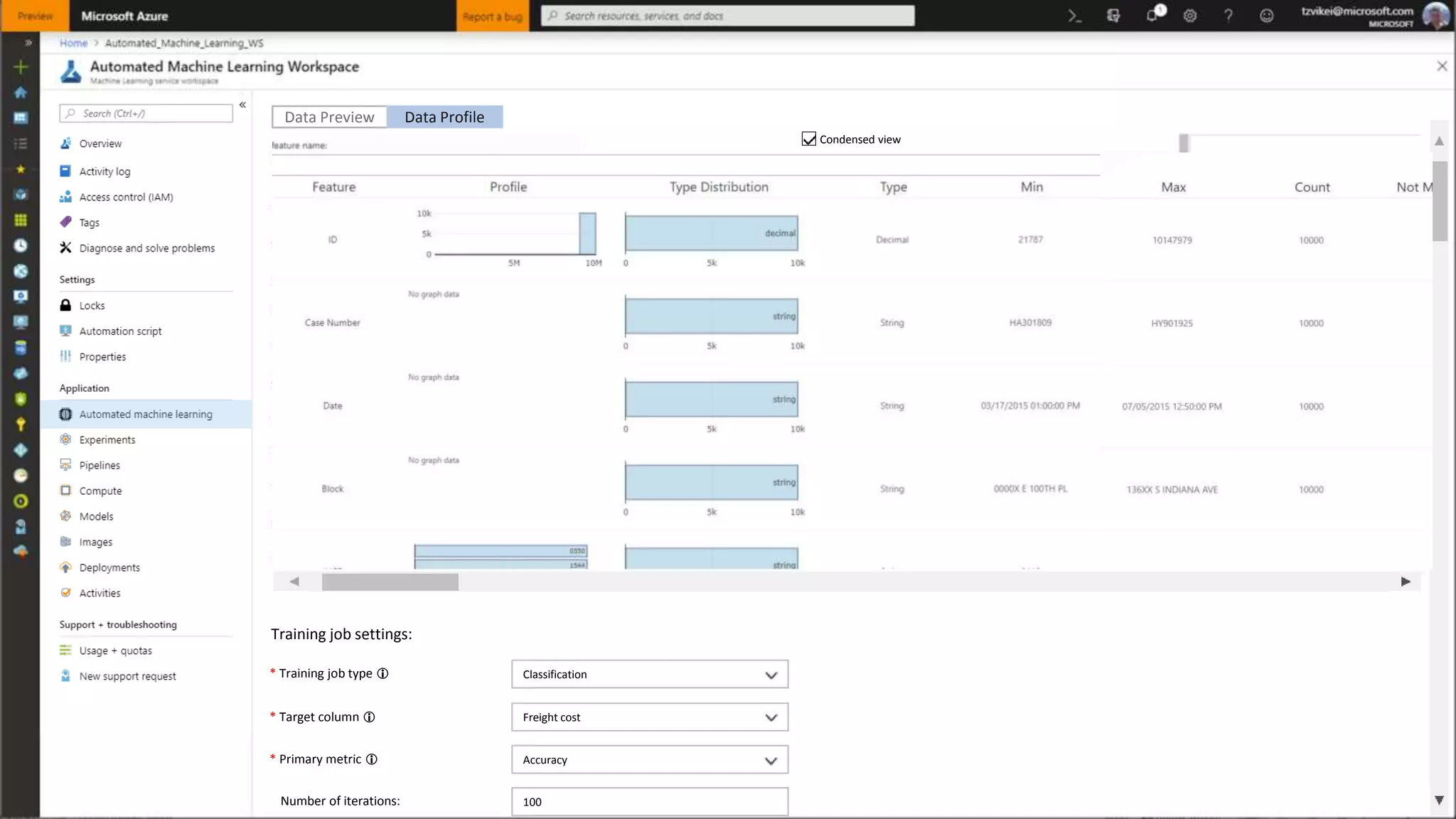Include in training Include in training Include in training Include in training Include in training Include in training Include in training Include in training
Data Preview Data Profile
Training job settings:
* Training job type  Classification
* Target column  Freight cost
* Primary metric  Accuracy
Number of iterations: 100
Data Preview Data Profile
Condensed view
 