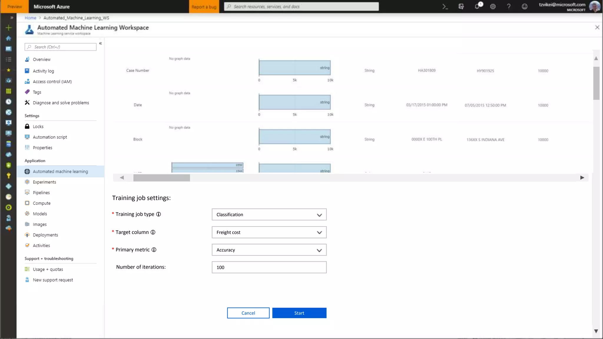 Training job settings:
* Training job type  Classification
* Target column  Freight cost
* Primary metric  Accuracy
Number of iterations: 100
StartCancel
 