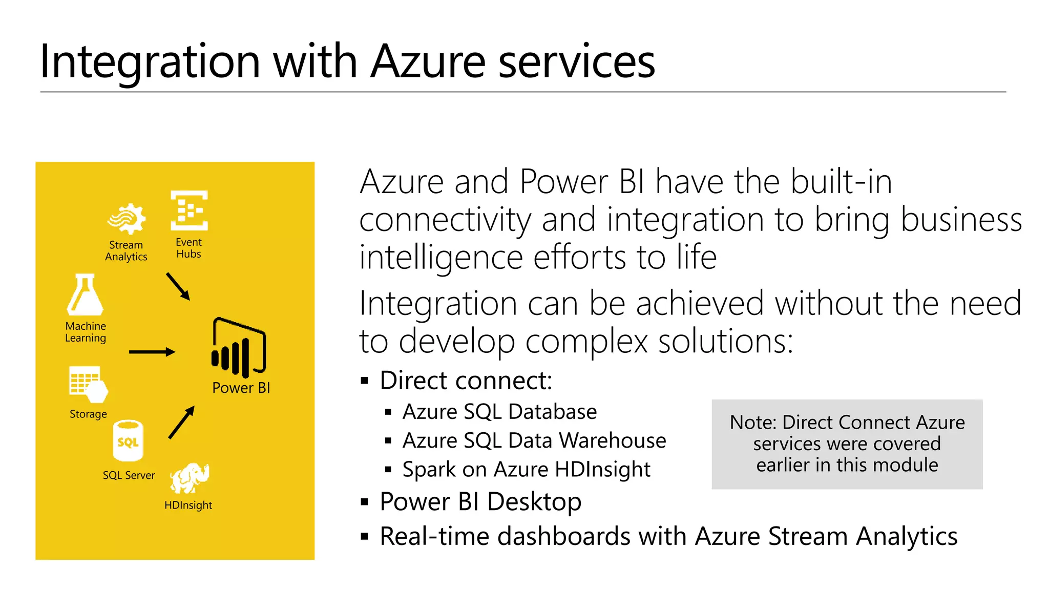 Integration with Azure services
Azure and Power BI have the built-in
connectivity and integration to bring business
intelligence efforts to life
Integration can be achieved without the need
to develop complex solutions:
 Direct connect:
 Azure SQL Database
 Azure SQL Data Warehouse
 Spark on Azure HDInsight
 Power BI Desktop
 Real-time dashboards with Azure Stream Analytics
HDInsight
Storage
Event
Hubs
Machine
Learning
SQL Server
Stream
Analytics
Power BI
 