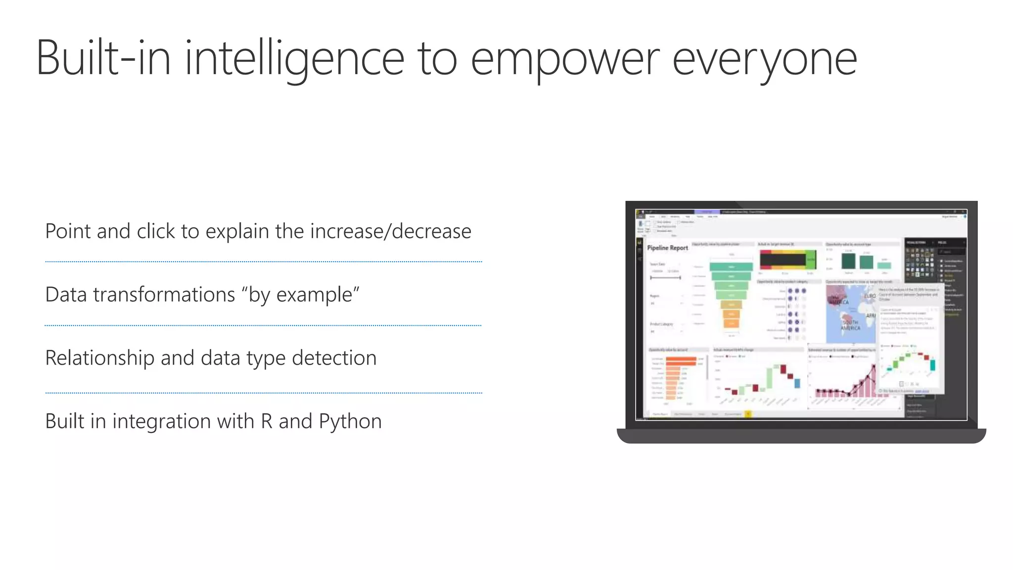Point and click to explain the increase/decrease
Data transformations “by example”
Relationship and data type detection
Built in integration with R and Python
 
