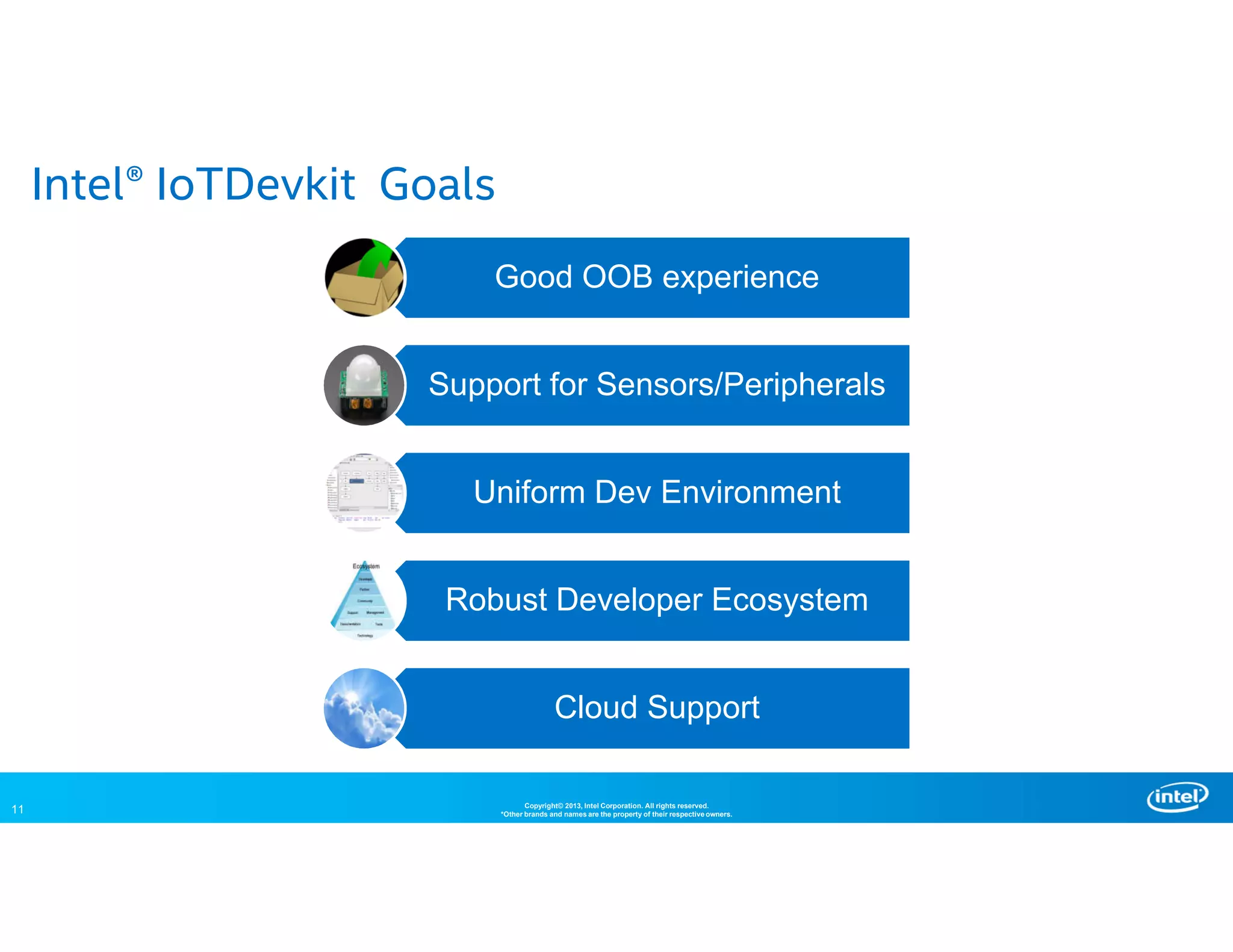 11 Copyright© 2013, Intel Corporation. All rights reserved.
*Other brands and names are the property of their respective owners.
Intel® IoTDevkit Goals
Good OOB experience
Support for Sensors/Peripherals
Uniform Dev Environment
Robust Developer Ecosystem
Cloud Support
 