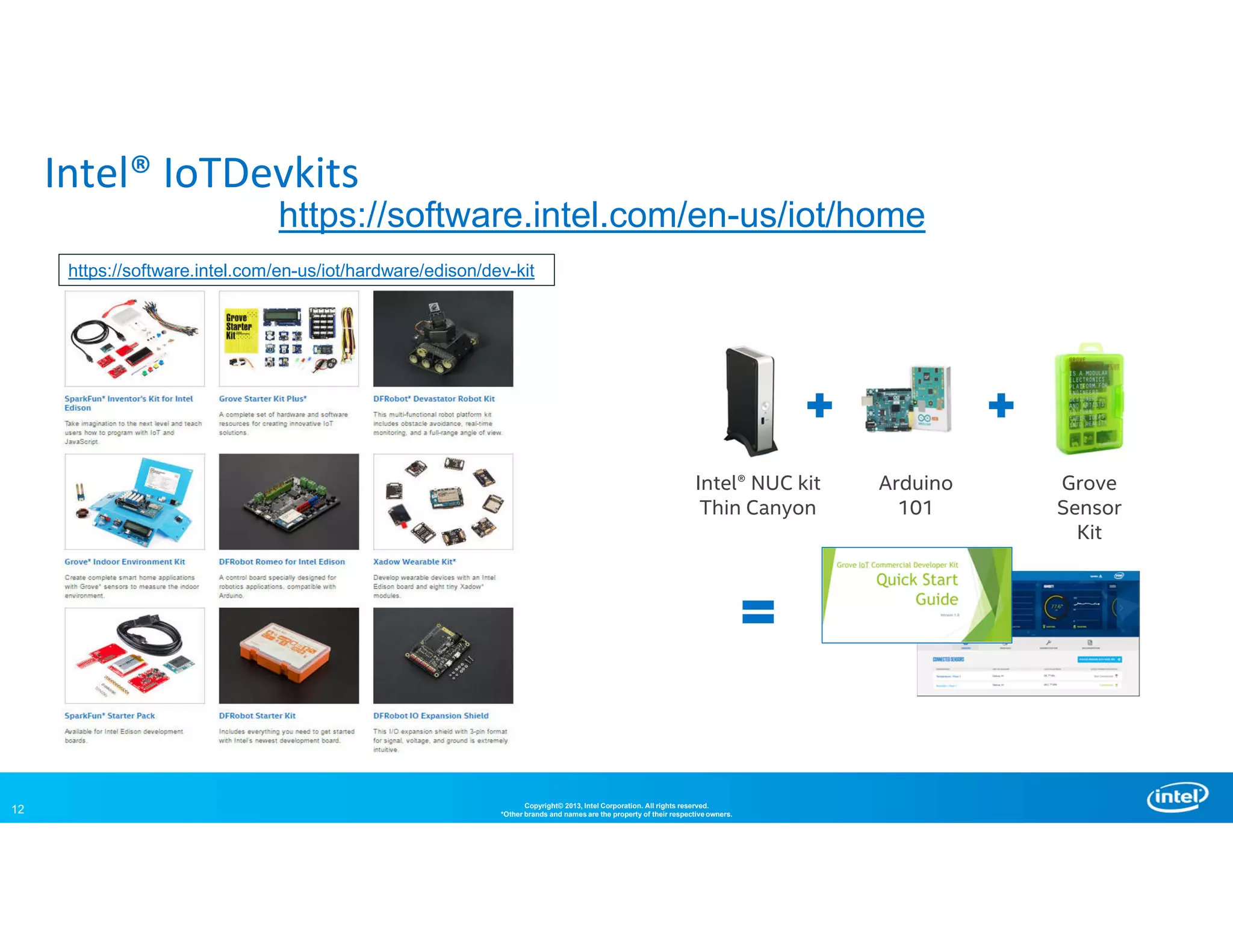 12 Copyright© 2013, Intel Corporation. All rights reserved.
*Other brands and names are the property of their respective owners.
Intel® IoTDevkits
https://software.intel.com/en-us/iot/hardware/edison/dev-kit
https://software.intel.com/en-us/iot/home
Intel® NUC kit
Thin Canyon
Arduino
101
Grove
Sensor
Kit
 