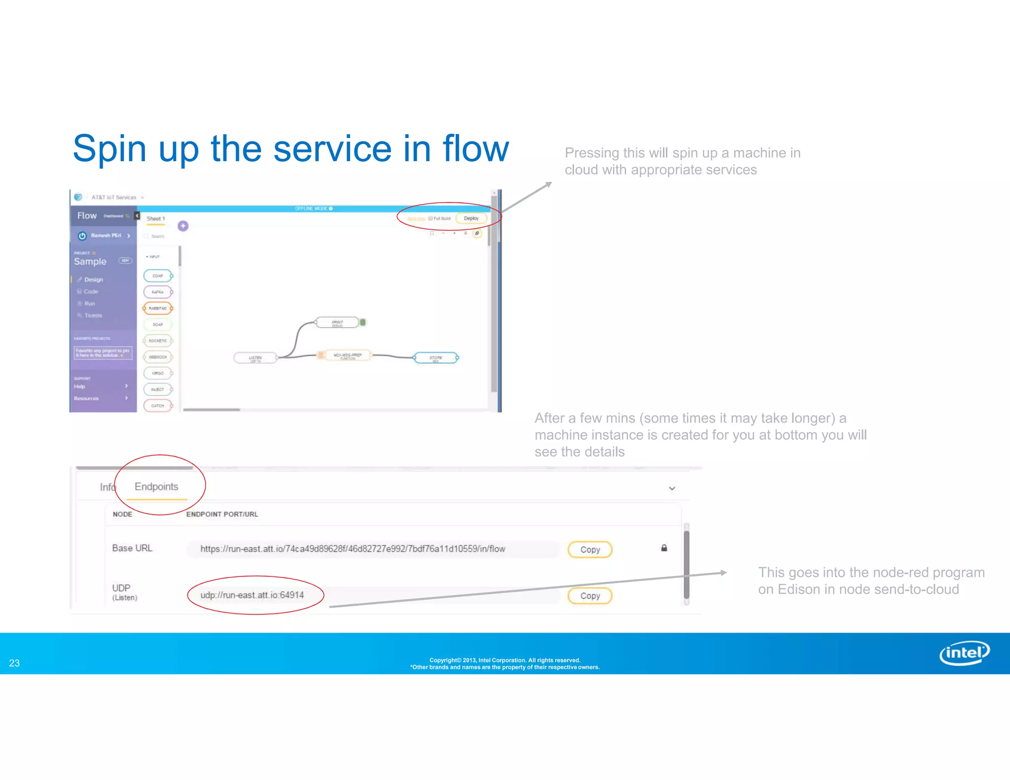 23 Copyright© 2013, Intel Corporation. All rights reserved.
*Other brands and names are the property of their respective owners.
Spin up the service in flow Pressing this will spin up a machine in
cloud with appropriate services
After a few mins (some times it may take longer) a
machine instance is created for you at bottom you will
see the details
This goes into the node-red program
on Edison in node send-to-cloud
 