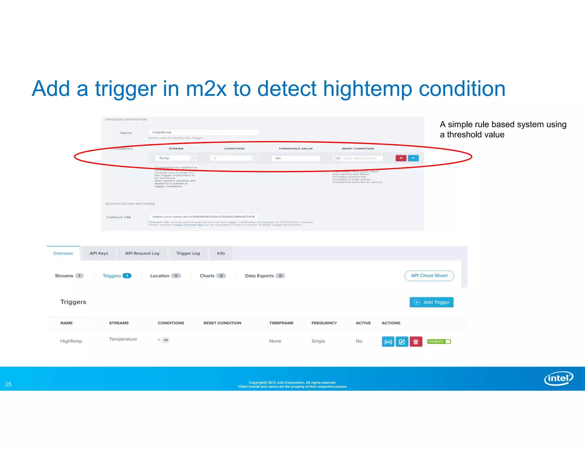 25 Copyright© 2013, Intel Corporation. All rights reserved.
*Other brands and names are the property of their respective owners.
Add a trigger in m2x to detect hightemp condition
A simple rule based system using
a threshold value
 