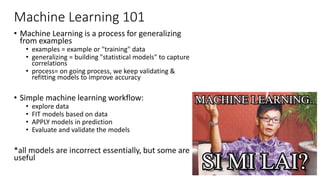 Machine Learning 101
• Machine Learning is a process for generalizing
from examples
• examples = example or "training" data
• generalizing = building "statistical models" to capture
correlations
• process= on going process, we keep validating &
refitting models to improve accuracy
• Simple machine learning workflow:
• explore data
• FIT models based on data
• APPLY models in prediction
• Evaluate and validate the models
*all models are incorrect essentially, but some are
useful
 
