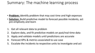 Summary: The machine learning process
• Problem: Identify problem that may cost time and high expenses
• Solution: Build predictive model to forecast possible incidents, act
pre-emptively and learn
1. Get all relevant data to problem
2. Explore data, and fit predictive models on past/real-time data
3. Apply and validate models until predictions are accurate
4. Forecast KPIs & metrics associated to use case
5. Escalate the incidents to respective units to investigate and act
 