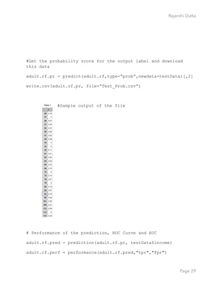 Rajarshi Dutta 
#Get the probability score for the output label and download
this data
adult.rf.pr = predict(adult.rf,type=“prob”,newdata=testData)[,2]
write.csv(adult.rf.pr, file=“Test_Prob.csv”)
#Sample output of the file
# Performance of the prediction, ROC Curve and AUC
adult.rf.pred = prediction(adult.rf.pr, testData$income)
adult.rf.perf = performance(adult.rf.pred,"tpr","fpr")
Page 29
 