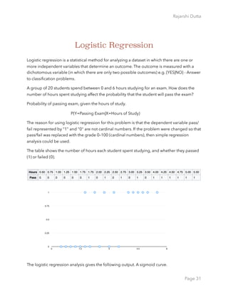Rajarshi Dutta 
Logistic Regression
Logistic regression is a statistical method for analyzing a dataset in which there are one or
more independent variables that determine an outcome. The outcome is measured with a
dichotomous variable (in which there are only two possible outcomes) e.g. {YES|NO} - Answer
to classiﬁcation problems.
A group of 20 students spend between 0 and 6 hours studying for an exam. How does the
number of hours spent studying affect the probability that the student will pass the exam?
Probability of passing exam, given the hours of study.
P(Y=Passing Exam|X=Hours of Study)
The reason for using logistic regression for this problem is that the dependent variable pass/
fail represented by "1" and "0" are not cardinal numbers. If the problem were changed so that
pass/fail was replaced with the grade 0–100 (cardinal numbers), then simple regression
analysis could be used.
The table shows the number of hours each student spent studying, and whether they passed
(1) or failed (0).
The logistic regression analysis gives the following output. A sigmoid curve.
Page 31
 