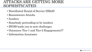 ATTACKS ARE GETTING MORE
SOPHISTICATED
• Distributed Denial of Service (DDoS)
• Ransomware Attacks
• Insiders
• Somebody pretending to be insiders
• BYOD leads you to new challenges
• Outsource Tier-1 and Tier-2 Engagements??
• Information Assurance
 