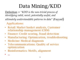 5
Data Mining/KDD
• Retail: Market basket analysis, Customer
relationship management (CRM)
• Finance: Credit scoring, fraud detection
• Manufacturing: Optimization, troubleshooting
• Medicine: Medical diagnosis
• Telecommunications: Quality of service
optimization
• Bioinformatics: Motifs, alignment
• ...
Definition := “KDD is the non-trivial process of
identifying valid, novel, potentially useful, and
ultimately understandable patterns in data” (Fayyad)
Applications:
 
