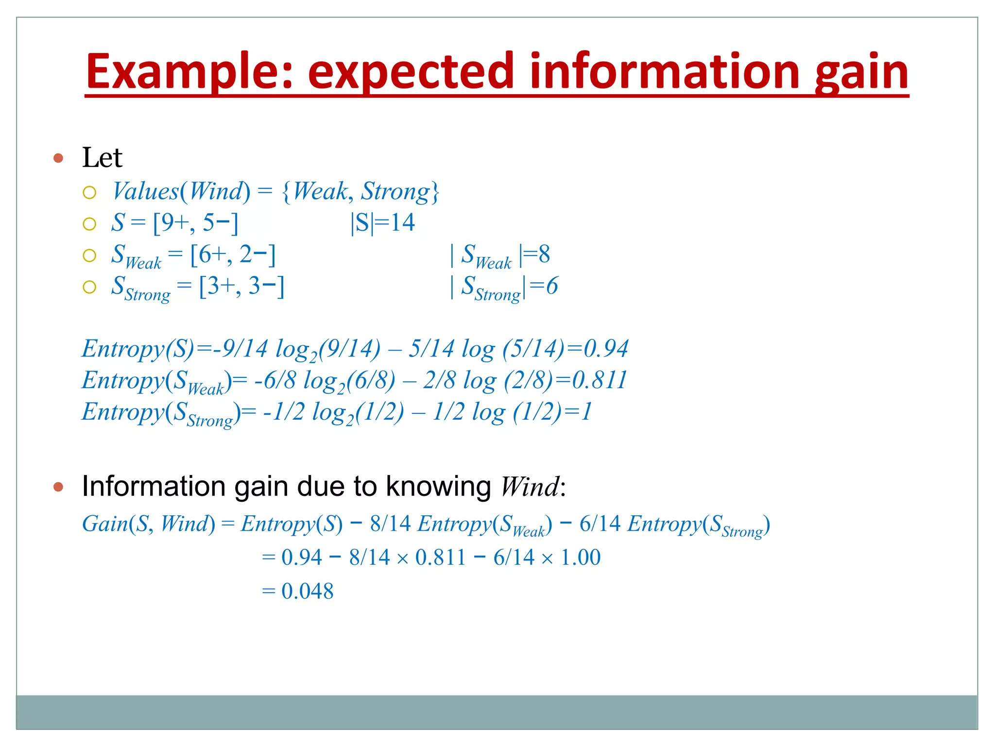 Example: expected information gain
 Let
 Values(Wind) = {Weak, Strong}
 S = [9+, 5−] |S|=14
 SWeak = [6+, 2−] | SWeak |=8
 SStrong = [3+, 3−] | SStrong|=6
Entropy(S)=-9/14 log2(9/14) – 5/14 log (5/14)=0.94
Entropy(SWeak)= -6/8 log2(6/8) – 2/8 log (2/8)=0.811
Entropy(SStrong)= -1/2 log2(1/2) – 1/2 log (1/2)=1
 Information gain due to knowing Wind:
Gain(S, Wind) = Entropy(S) − 8/14 Entropy(SWeak) − 6/14 Entropy(SStrong)
= 0.94 − 8/14  0.811 − 6/14  1.00
= 0.048
 