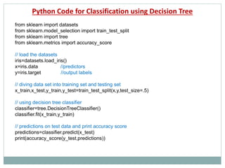 Python Code for Classification using Decision Tree
from sklearn import datasets
from sklearn.model_selection import train_test_split
from sklearn import tree
from sklearn.metrics import accuracy_score
// load the datasets
iris=datasets.load_iris()
x=iris.data //predictors
y=iris.target //output labels
// diving data set into training set and testing set
x_train,x_test,y_train,y_test=train_test_split(x,y,test_size=.5)
// using decision tree classifier
classifier=tree.DecisionTreeClassifier()
classifier.fit(x_train,y_train)
// predictions on test data and print accuracy score
predictions=classifier.predict(x_test)
print(accuracy_score(y_test,predictions))
 