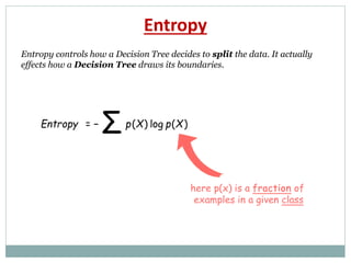 Entropy
Entropy controls how a Decision Tree decides to split the data. It actually
effects how a Decision Tree draws its boundaries.
 