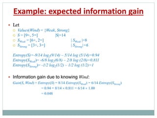 Example: expected information gain
 Let
 Values(Wind) = {Weak, Strong}
 S = [9+, 5−] |S|=14
 SWeak = [6+, 2−] | SWeak |=8
 SStrong = [3+, 3−] | SStrong|=6
Entropy(S)=-9/14 log2(9/14) – 5/14 log (5/14)=0.94
Entropy(SWeak)= -6/8 log2(6/8) – 2/8 log (2/8)=0.811
Entropy(SStrong)= -1/2 log2(1/2) – 1/2 log (1/2)=1
 Information gain due to knowing Wind:
Gain(S, Wind) = Entropy(S) − 8/14 Entropy(SWeak) − 6/14 Entropy(SStrong)
= 0.94 − 8/14  0.811 − 6/14  1.00
= 0.048
 