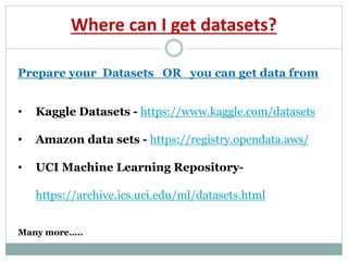 Where can I get datasets?
• Kaggle Datasets - https://www.kaggle.com/datasets
• Amazon data sets - https://registry.opendata.aws/
• UCI Machine Learning Repository-
https://archive.ics.uci.edu/ml/datasets.html
Many more…..
Prepare your Datasets OR you can get data from
 