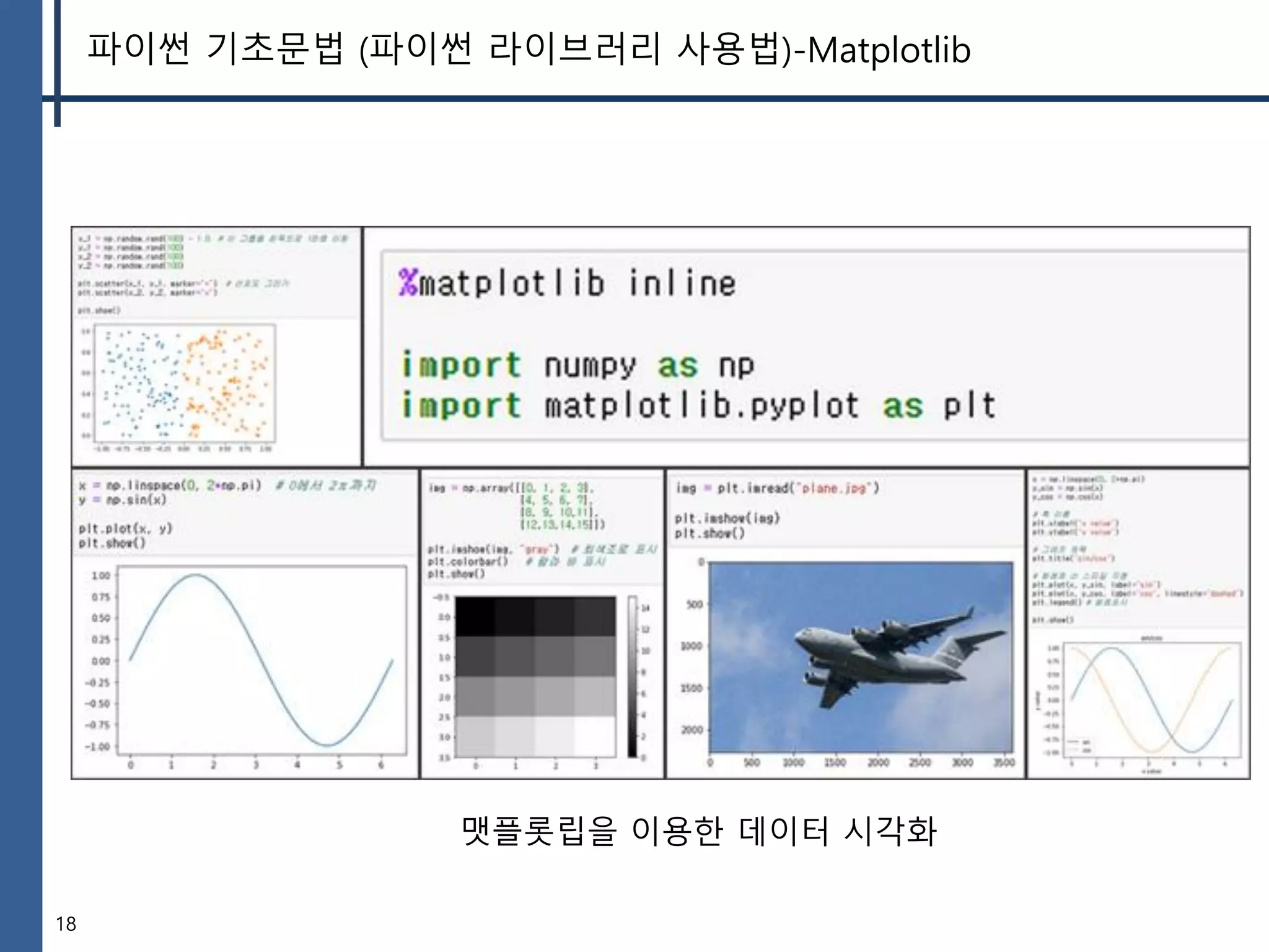 18
파이썬 기초문법 (파이썬 라이브러리 사용법)-Matplotlib
맷플롯립을 이용한 데이터 시각화
 