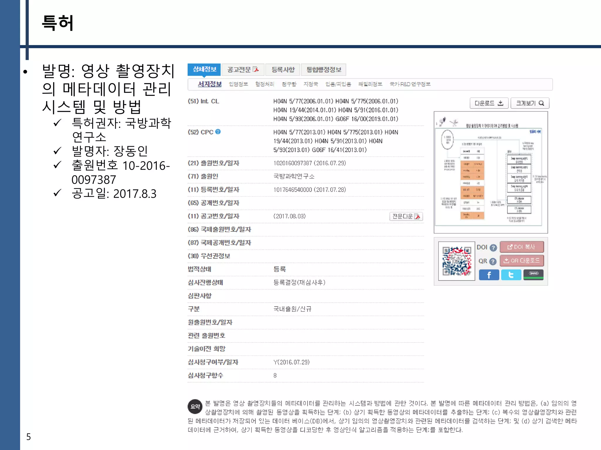 5
특허
• 발명: 영상 촬영장치
의 메타데이터 관리
시스템 및 방법
✓ 특허권자: 국방과학
연구소
✓ 발명자: 장동인
✓ 출원번호 10-2016-
0097387
✓ 공고일: 2017.8.3
 