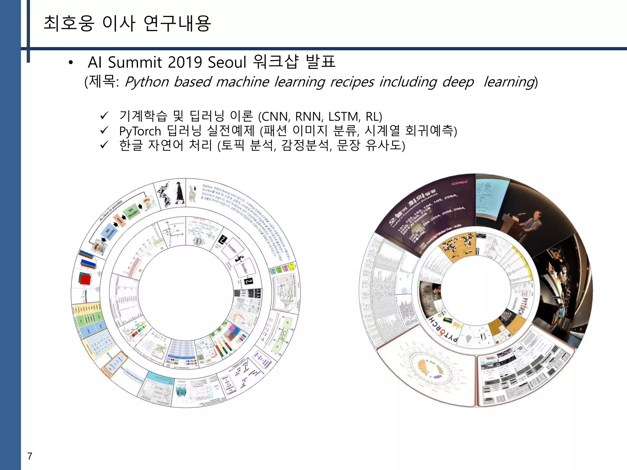77
최호웅 이사 연구내용
• AI Summit 2019 Seoul 워크샵 발표
(제목: Python based machine learning recipes including deep learning)
✓ 기계학습 및 딥러닝 이론 (CNN, RNN, LSTM, RL)
✓ PyTorch 딥러닝 실전예제 (패션 이미지 분류, 시계열 회귀예측)
✓ 한글 자연어 처리 (토픽 분석, 감정분석, 문장 유사도)
 