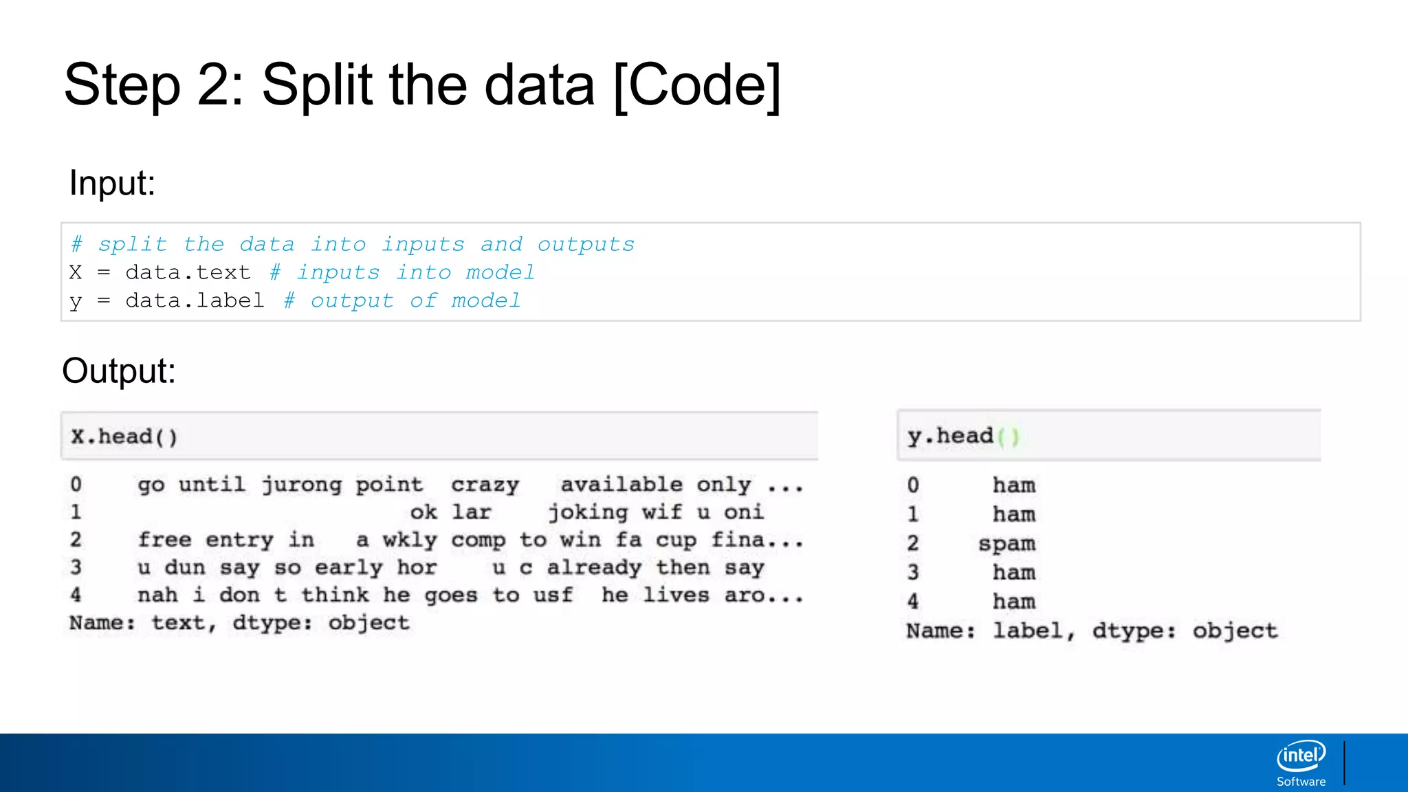 Step 2: Split the data [Code]
# split the data into inputs and outputs
X = data.text # inputs into model
y = data.label # output of model
Input:
Output:
 