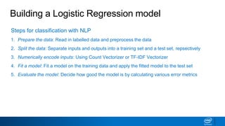 Steps for classification with NLP
1. Prepare the data: Read in labelled data and preprocess the data
2. Split the data: Separate inputs and outputs into a training set and a test set, repsectively
3. Numerically encode inputs: Using Count Vectorizer or TF-IDF Vectorizer
4. Fit a model: Fit a model on the training data and apply the fitted model to the test set
5. Evaluate the model: Decide how good the model is by calculating various error metrics
Building a Logistic Regression model
 