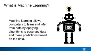 What is Machine Learning?
Machine learning allows
computers to learn and infer
from data by applying
algorithms to observed data
and make predictions based
on the data.
 