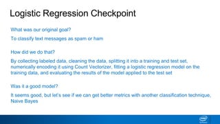 What was our original goal?
To classify text messages as spam or ham
How did we do that?
By collecting labeled data, cleaning the data, splitting it into a training and test set,
numerically encoding it using Count Vectorizer, fitting a logistic regression model on the
training data, and evaluating the results of the model applied to the test set
Was it a good model?
It seems good, but let’s see if we can get better metrics with another classification technique,
Naive Bayes
Logistic Regression Checkpoint
 