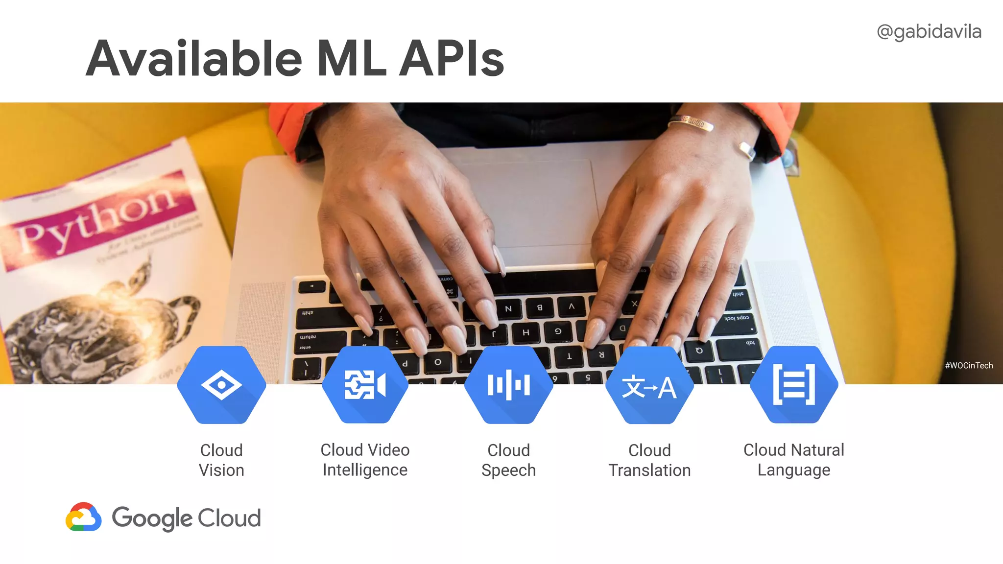 Available ML APIs
Cloud Natural
Language
Cloud
Vision
Cloud
Translation
Cloud
Speech
Cloud Video
Intelligence
#WOCinTech
@gabidavila
 