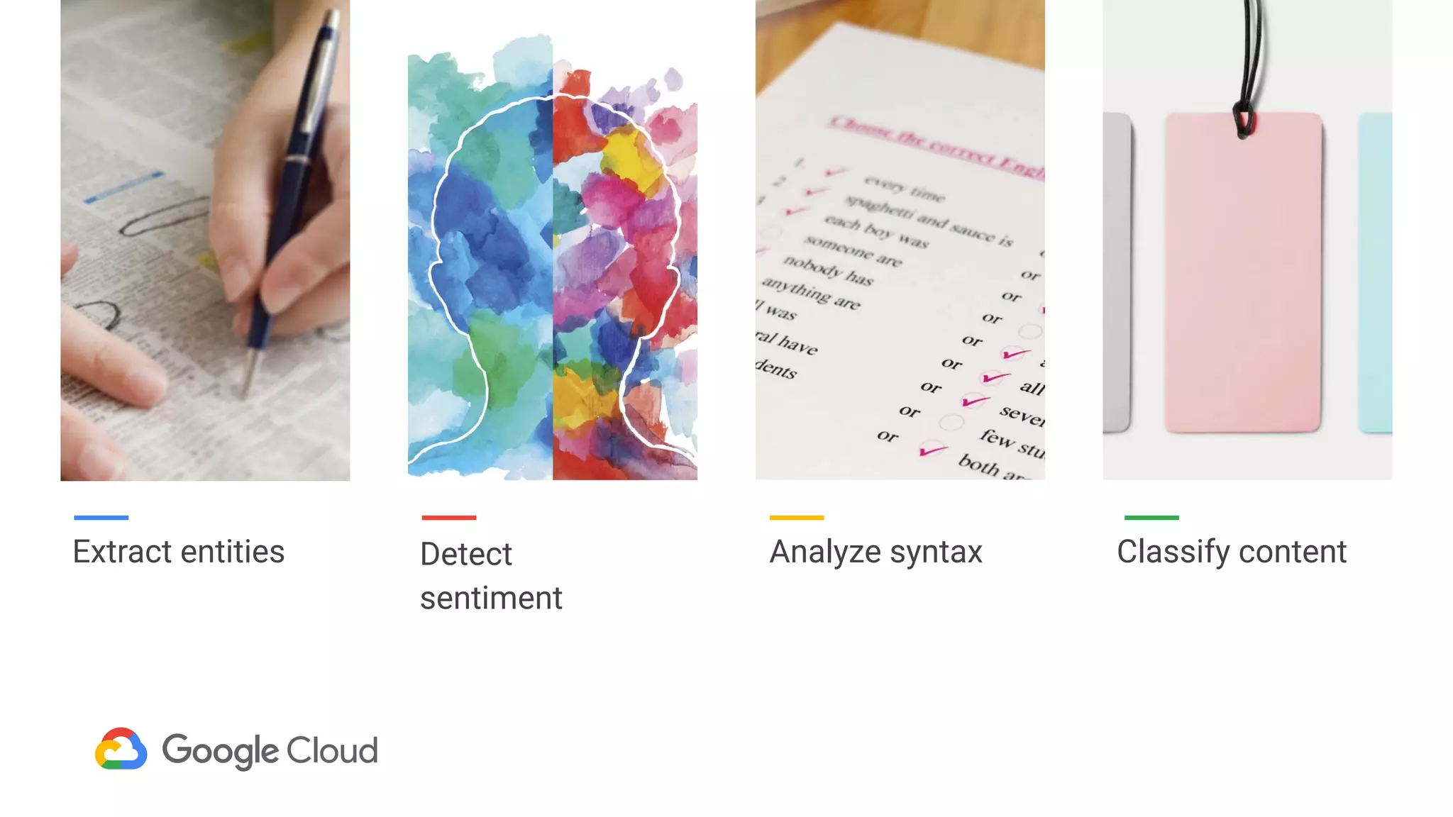 Extract entities Detect
sentiment
Analyze syntax Classify content
 
