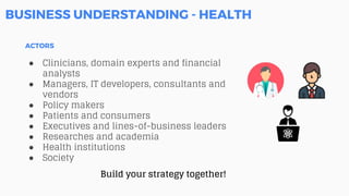 BUSINESS UNDERSTANDING - HEALTH
ACTORS
● Clinicians, domain experts and financial
analysts
● Managers, IT developers, consultants and
vendors
● Policy makers
● Patients and consumers
● Executives and lines-of-business leaders
● Researches and academia
● Health institutions
● Society
Build your strategy together!
 