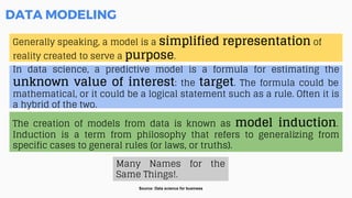 DATA MODELING
The creation of models from data is known as model induction.
Induction is a term from philosophy that refers to generalizing from
specific cases to general rules (or laws, or truths).
Source: Data science for business
Generally speaking, a model is a simplified representation of
reality created to serve a purpose.
In data science, a predictive model is a formula for estimating the
unknown value of interest: the target. The formula could be
mathematical, or it could be a logical statement such as a rule. Often it is
a hybrid of the two.
Many Names for the
Same Things!.
 