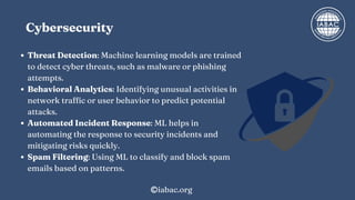 Cybersecurity
Threat Detection: Machine learning models are trained
to detect cyber threats, such as malware or phishing
attempts.
Behavioral Analytics: Identifying unusual activities in
network traffic or user behavior to predict potential
attacks.
Automated Incident Response: ML helps in
automating the response to security incidents and
mitigating risks quickly.
Spam Filtering: Using ML to classify and block spam
emails based on patterns.
iabac.org
 