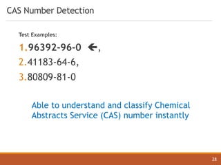 CAS Number Detection
28
Test Examples:
1.96392-96-0 ç,
2.41183-64-6,
3.80809-81-0
Able to understand and classify Chemical
Abstracts Service (CAS) number instantly
 