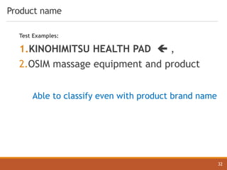 Product name
32
Test Examples:
1.KINOHIMITSU HEALTH PAD ç ,
2.OSIM massage equipment and product
Able to classify even with product brand name
 