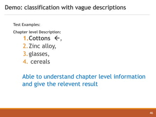 Demo: classification with vague descriptions
46
Test Examples:
Chapter level Description:
1.Cottons ß,
2.Zinc alloy,
3.glasses,
4. cereals
Able to understand chapter level information
and give the relevent result
 