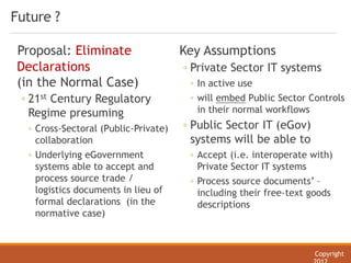 Future ?
Proposal: Eliminate
Declarations
(in the Normal Case)
◦ 21st Century Regulatory
Regime presuming
◦ Cross-Sectoral (Public-Private)
collaboration
◦ Underlying eGovernment
systems able to accept and
process source trade /
logistics documents in lieu of
formal declarations (in the
normative case)
Key Assumptions
◦ Private Sector IT systems
◦ In active use
◦ will embed Public Sector Controls
in their normal workflows
◦ Public Sector IT (eGov)
systems will be able to
◦ Accept (i.e. interoperate with)
Private Sector IT systems
◦ Process source documents’ –
including their free-text goods
descriptions
Copyright
 