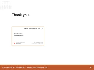 62
2017 Private & Confidential – Trade Facilitation Pte Ltd
Trade Facilitation Pte Ltd
160 PAYA LEBAR ROAD
#02-04 , ORION @ PAYALEBAR
SINGAPORE 409022
Jonathan Koh
Managing Director
TATTSEN@GMAIL.COM
+65 82330321
Thank you.
 