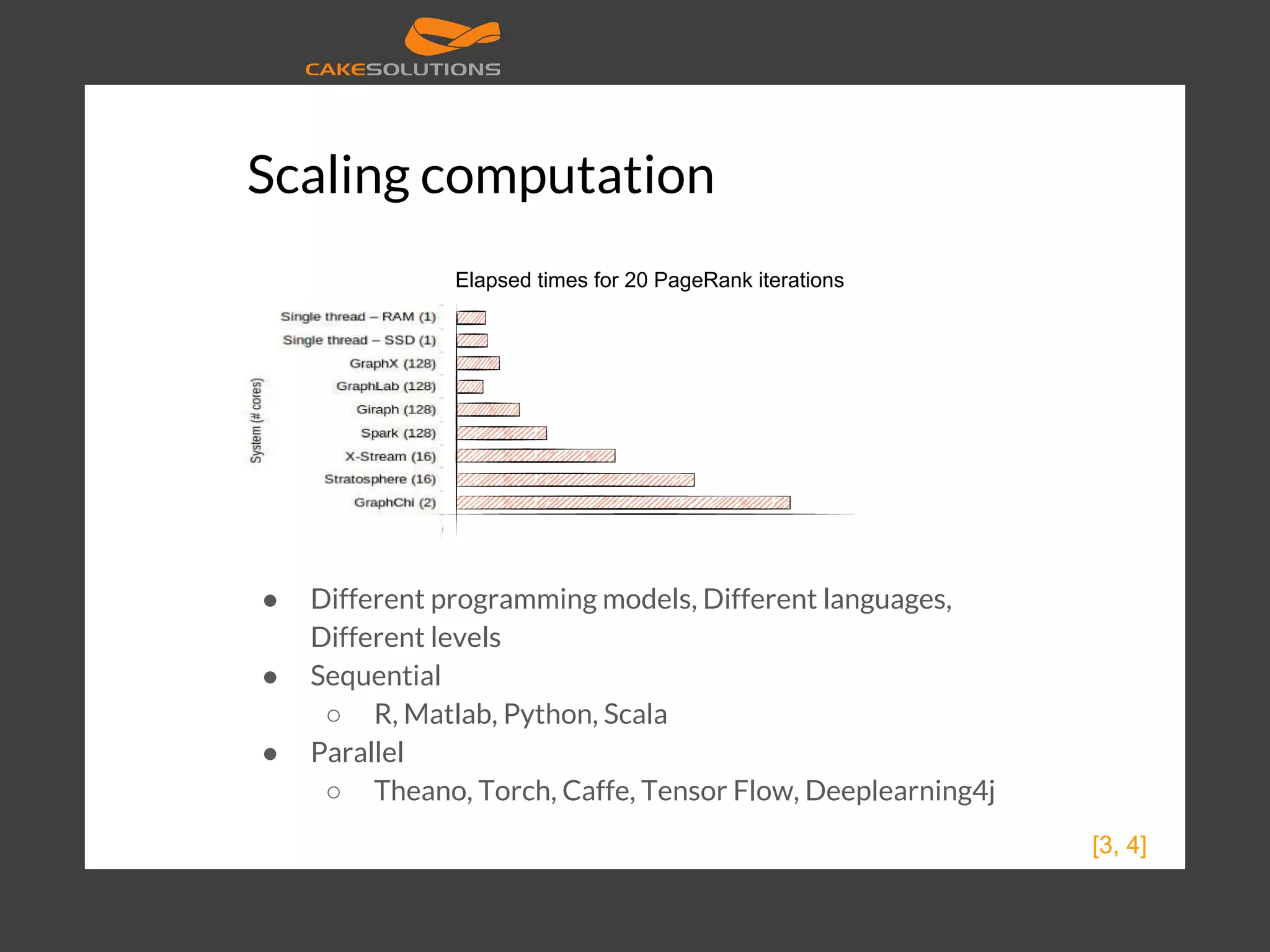 Scaling computation ● Different programming models, Different languages, Different levels ● Sequential ○ R, Matlab, Python, Scala ● Parallel ○ Theano, Torch, Caffe, Tensor Flow, Deeplearning4j Elapsed times for 20 PageRank iterations [3, 4] 