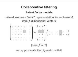 Collaborative filtering
Latent factor models
Instead, we use a "small" representation for each user &
item: -dimensional vectorsf
(here, )f = 2
and approximate the big matrix with it.
 