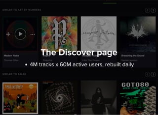 The Discover page
4M tracks x 60M active users, rebuilt daily
 