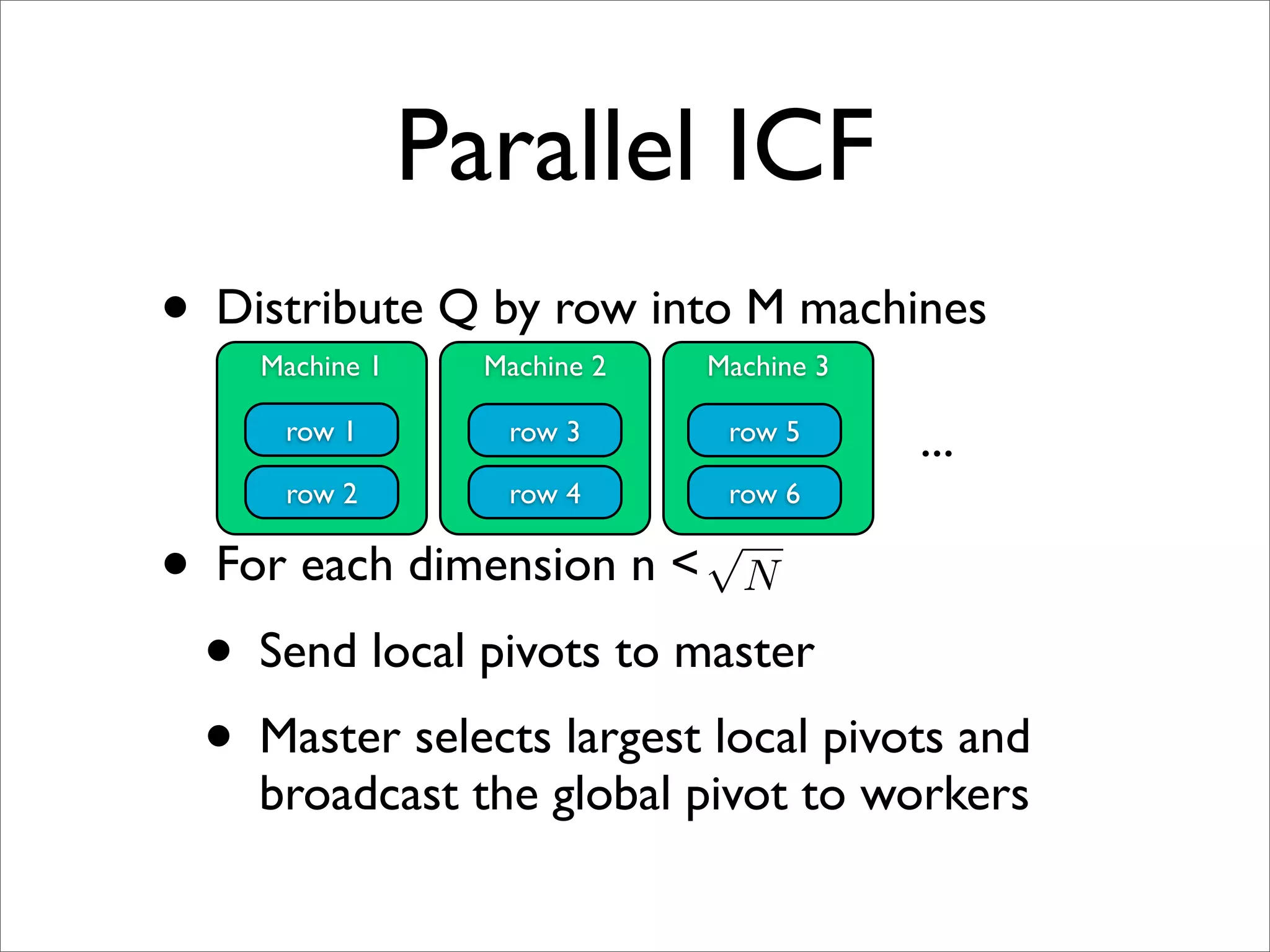 Parallel ICF
• Distribute Q by row into M machines
    Machine 1     Machine 2   Machine 3

      row 1        row 3       row 5      ...
      row 2        row 4       row 6


• For each dimension n  N    √

  • Send local pivots to master
  • Master selects largest local pivots and
    broadcast the global pivot to workers
 
